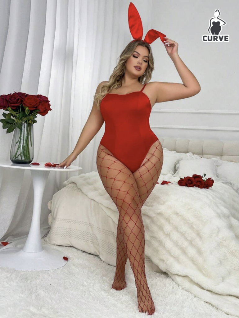 Bodysuit With Suspender Straps, Headwear And Fishnet Stockings - Red - 4XL